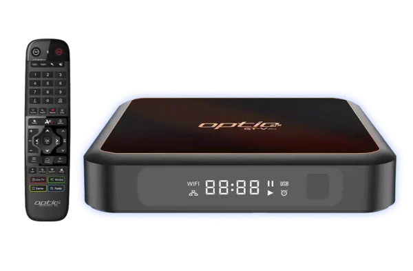 Şık tasarımı, LED göstergesi ve arkadan aydınlatmalı Bluetooth akıllı kumandası ile OPTIC GT-V PRO 8K Android TV Box ev sinema sistemi cihazı.